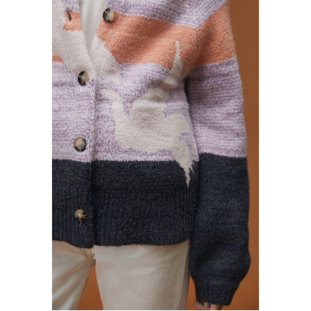Anthropologie Maeve Birdie Cardigan Sweater Women's Size Medium Purple Motif